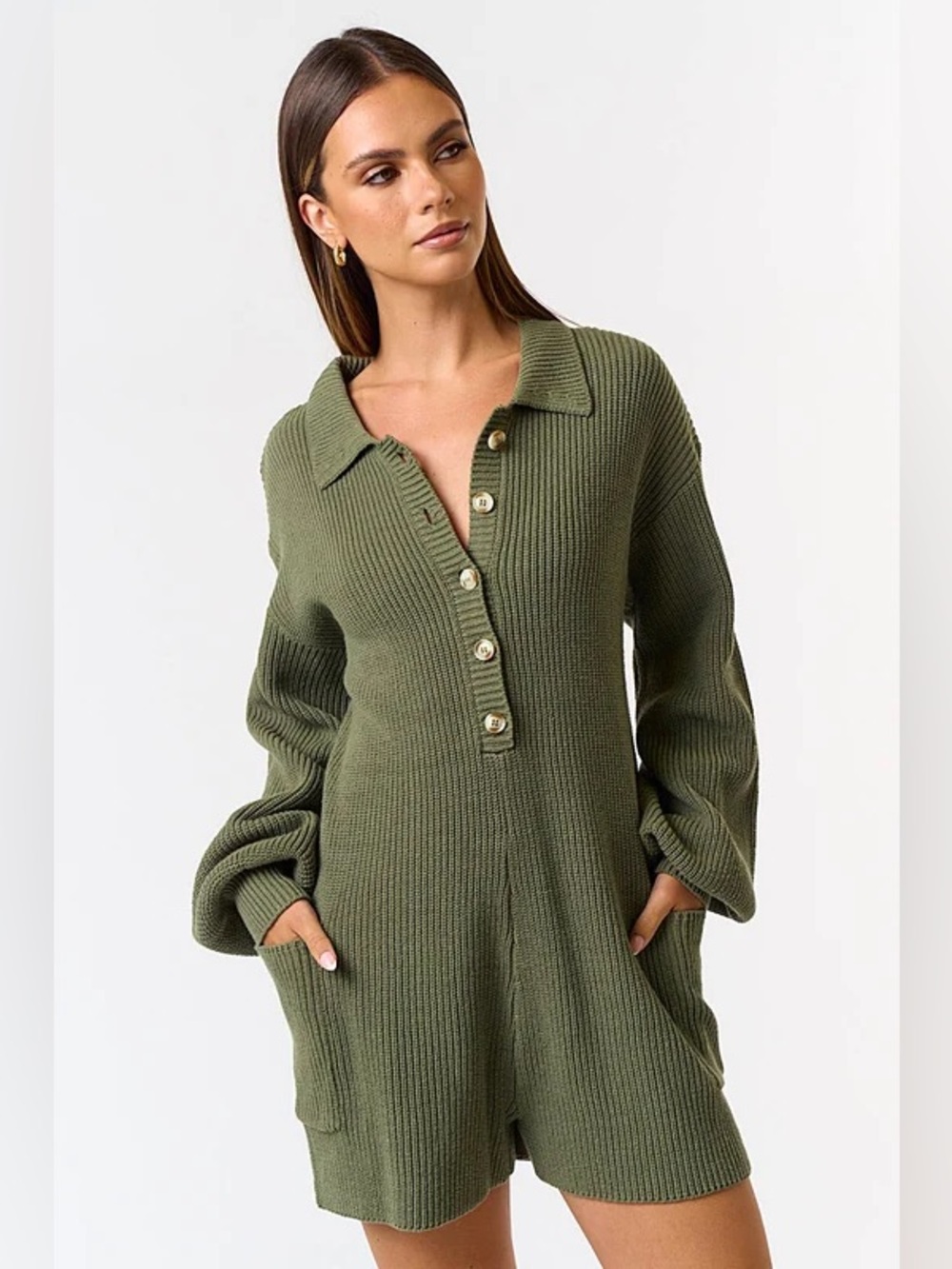 New Blue Blush Olive Green Cotton Blend Balloon Long Sleeve Heavy Knit Romper